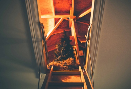 attic image with a Christmas tree